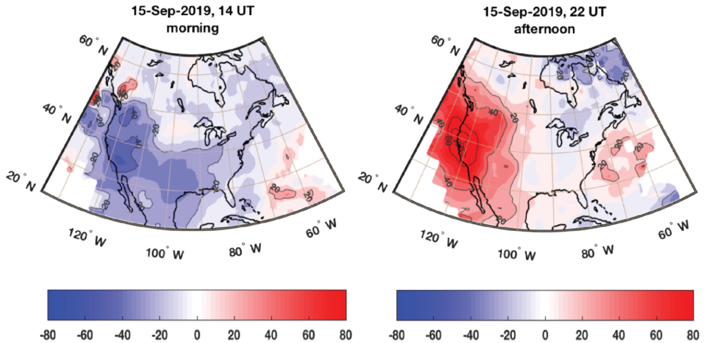 Caption:Ionospheric anomalies observed on Sept. 15, 2019 over North America