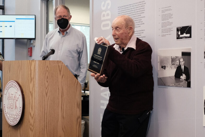 Herb Weiss speaking at the Haystack historical exhibit unveiling, seen here with Director Colin Lonsdale
