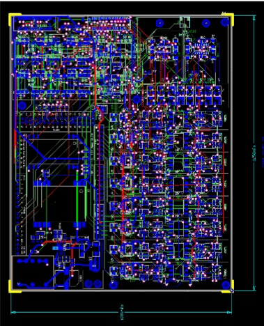 An illustration of a computer board with many different colored lines and intersections against a black background