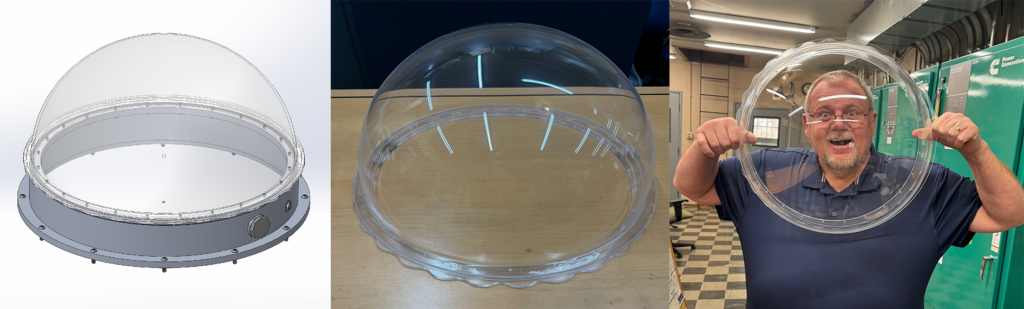 A clear plastic dome in three panels: technical illustration, photo on a table, and photo of it being held by a man over his face