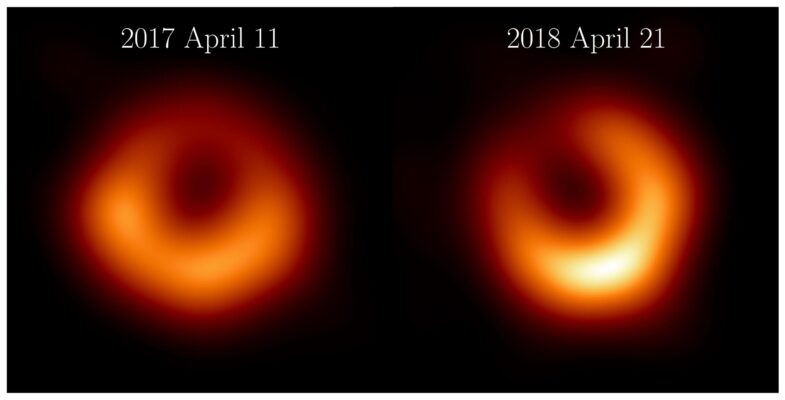 Two orange rings representing black hole images, with more detail on the updated 2018 image on the right, and a brighter area around 5 o'clock on the ring
