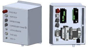 Two views of an electrical circuit box, exterior (with labels for power and control) and interior with components revealed